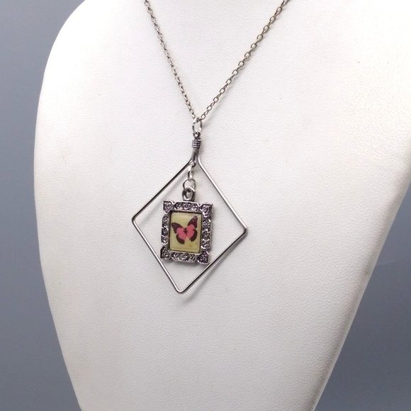 Vintage Square Pendant with Enamel Butterfly in Silver Tone Frame on Delicate - Picture 3 of 4
